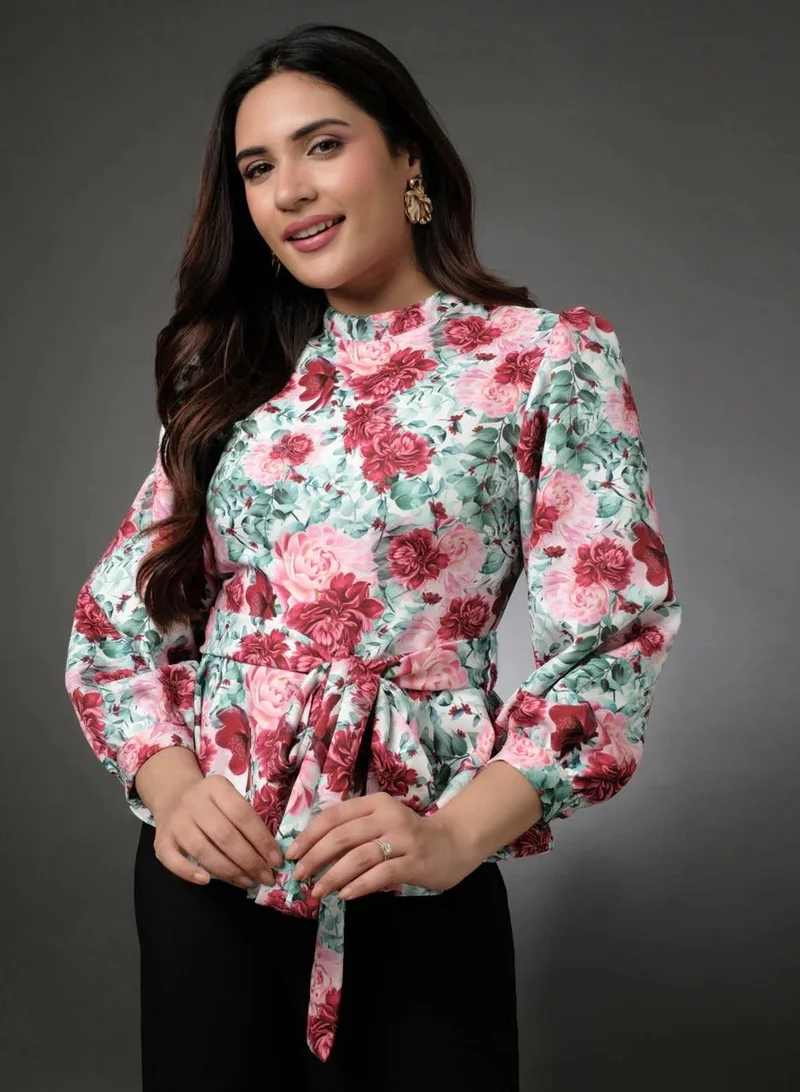 Zigzag Puffed Sleeve Floral Peplum Top